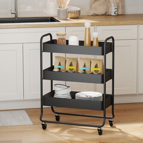 Carrito de cocina, 3 cestas, 4 ruedas, metal, negro