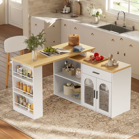 Isla de Cocina con Encimera Giratoria 360°, Cajón, Estantes y Puertas de Vidrio, para Cocina y Comedor, MDF Blanco (1/5)