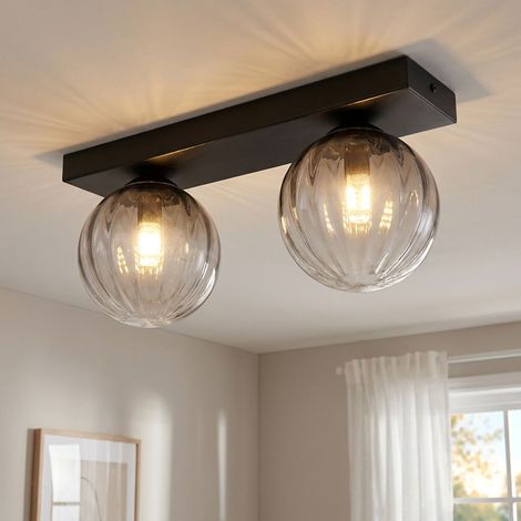 Deckenleuchte 2 flammig Deckenlampe Wohnzimmerleuchte schwarz matt Rauchglas Flurlampe, 2x LED 4W 400Lm warmweiß, LxH 35 x 15 cm
