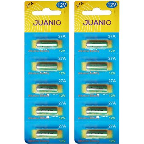 Lot de 10 Piles Alcaline 12V type 27A compatibles A27/A27BP/A27S/AG27/B-1/CA22/EL-812/EL812/G27A- Juanio - (1/2)