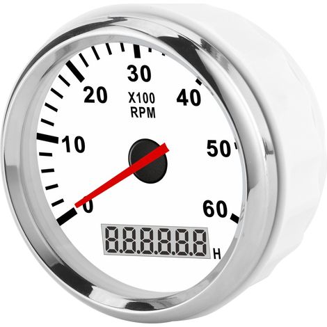 Drehzahlmesser 6000RAM, rote Hintergrundbeleuchtung, LCD-Display, 85 mm, wasserdicht, 12/24 V, für Auto, Boot, Yacht, weißes Zifferblatt, silberner Rahmen (1/5)