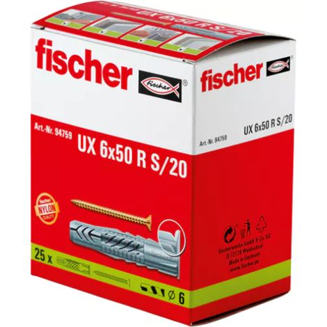 Fischer 25x Chevilles universelles UX 6 x 50 R S/20 avec collerette et vis - 94759 (1/5)