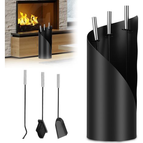 Randaco Kaminbesteck, 4-teilige Kamingarnitur mit Schaufel, Besen, Feuerhaken & Ständer, Ofenbesteck modern, schwarz