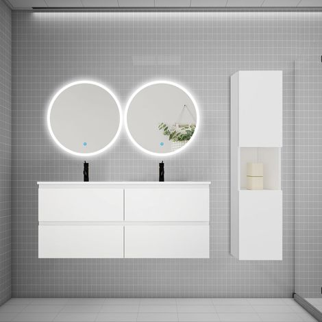 AICA Ensemble meuble double vasque L.120cm 4 tiroirs + lavabo + 2LED miroirs rond 60cm + colonne A,blanc
