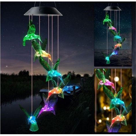 Carillons Éoliens Solaire Colibri Carillon de Vent LED Multicolore Suspendu Lampe Lumières Carillon Extérieure Déco Noël Cadeau (1/5)
