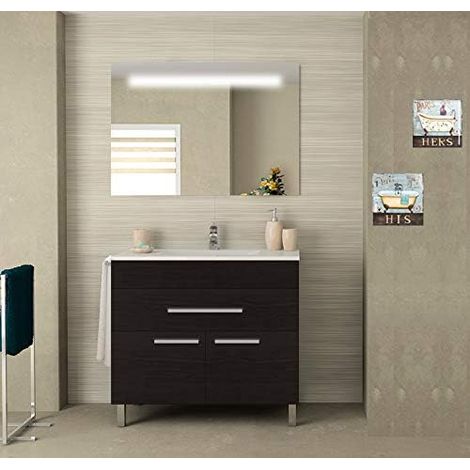 Conjunto de mueble de baño SYN barato con lavabo y espejo retroiluminado LED ¡¡con toallero de regalo varios colores y medidas en Roble sinatra 80CM (1/5)