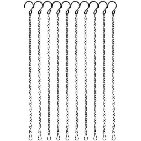 Lot de 10 crochets de 50 cm pour suspensions de plantes, chaînes noires avec crochet en S et clip pour jardinières et mangeoires à oiseaux. (1/5)
