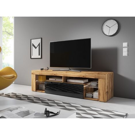 Meuble TV 1 porte 140 cm avec LED Kiron Bois et Gris anthracite (1/5)