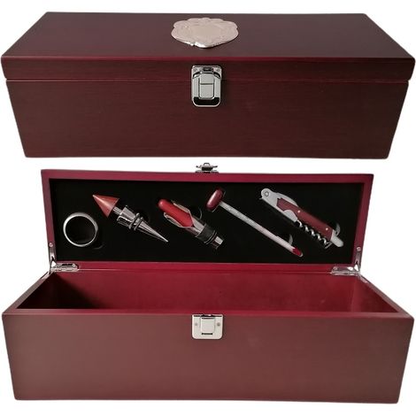 Cassetta in legno per bottiglia vino accessori sommelier degustazione apribottiglie salvagoccia versatore termometro cava tappo (1/5)