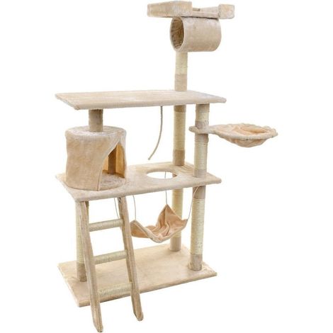 Kratzbaum & Spielhaus - Katzen - beige - 140 cm hoch - mit Hängematte