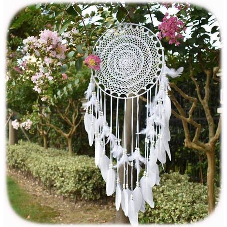 Grand attrape-rêves Boho en macramé à plumes blanches, décoration murale Vintage pour mariage et maison, cercle de 35cm, 115cm de L (1/5)