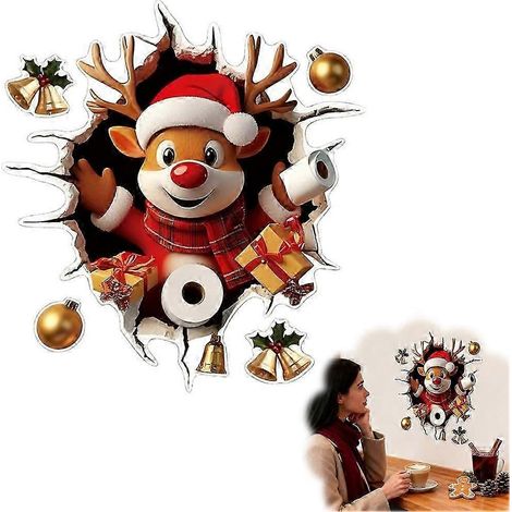 (M) Sticker mural 3D représentant le Père Noël défonçant une paroi, autocollant mural en vinyle pour les fêtes