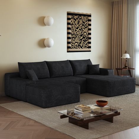 Modulares Ecksofa 270 cm, L-förmige Chaiselongue, schwarzer Rippenstoff HAVRYA (1/5)