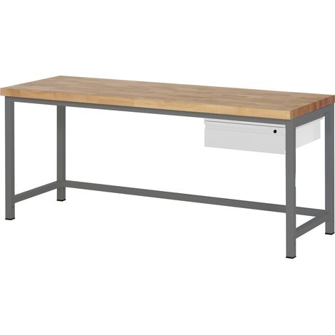 STIER Höhenverstellbare Werkbank Premium, 1 Schublade, 200x70x84-104cm, Stahl und Buche