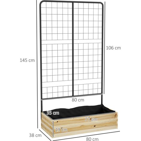 Jardinière surélevée avec treillis, bac à fleurs en bois naturel, jardin d'herbes aromatiques et jardinière pour jardin et balcon, 80 x 38 x 145 cm
