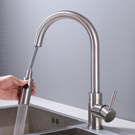 Robinet de Cuisine avec Douchette Extractible Mitigeur Cuisine Bec Rotatif Mitigeur d'Évier en Acier Nickel Brossé (1/4)