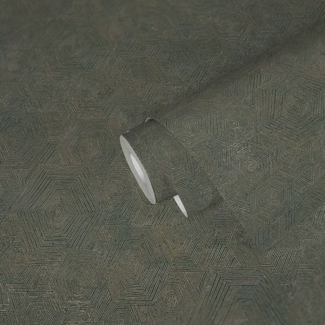 Papier peint géométrique 3D vert gris Tapisserie graphique moderne à lignes Papier peint motif hexagonal idéal chambre (1/4)