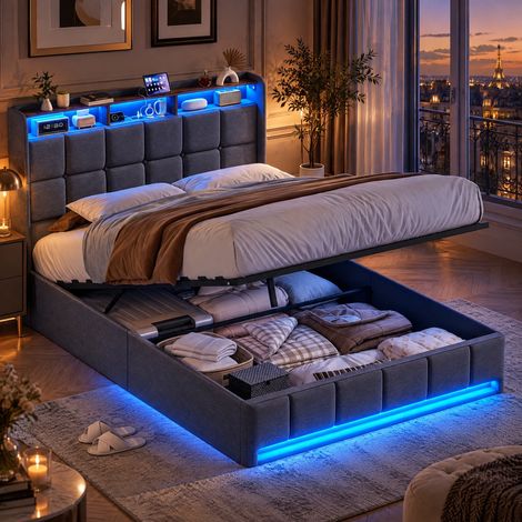 JOOKGBD- Polsterbett 160x200 cm, Doppelbett mit Stauraum, Kopfteil mit LED und USB-C, Bettkasten mit Gasdruckfeder, Jugendbett, Erwachsenenbett, Leinen, Grau