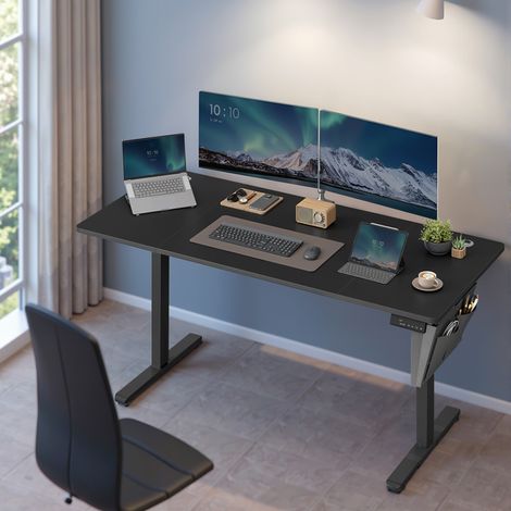 Bureau Réglable en Hauteur, 160 x 70 cm, Fonction Mémoire, Port USB-C, Noir (1/5)