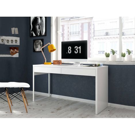 Dmora Escritorio reversible con dos cajones, color blanco brillo, Medidas 138 x 75 x 50 cm, con embalaje reforzado (1/5)