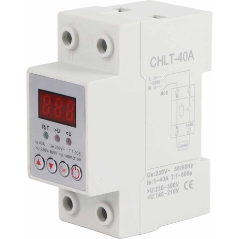 Relais de protection sur/sous tension réglable 230V 40A 1-90s rail DIN reset auto (1/5)