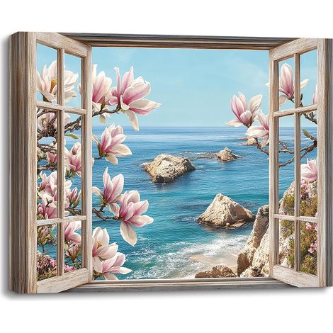 Painting Tableau Déco Murale Plage Vue De La Fenêtre Impression Sur Toile Fleur et Mer Affiche Decoration Art Poster Peinture Chambre Cadre Painting Sur Toile Salon Bureau 30×40cm (1/5)