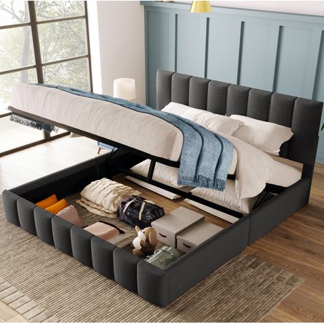 Cama tapizada 140/200 cm gris de lino con cabecero regulable y arcón (1/5)