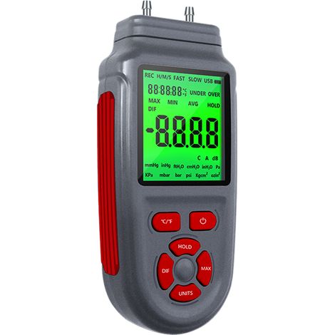 Manomètre numérique différentiel bi-canal testeur pression air gaz avec écran LCD rétroéclairé, alimentation pile 9V ou câble USB, mesure température °C/°F (1/5)
