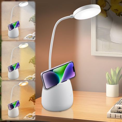 Lampe de bureau LED, lampe de bureau de lecture rechargeable, 3 températures de couleur,avec support pour téléphone portable, adaptée au travail,blanc (1/5)