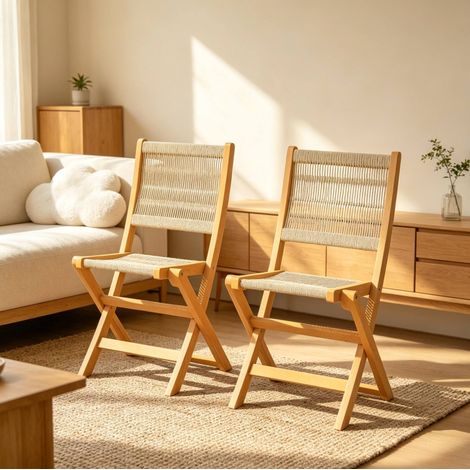 Chaise de jardin pliante 48x55,5x88 cm en bois beige, gain de place pour balcon, lot de 2 FloraGrace (1/5)