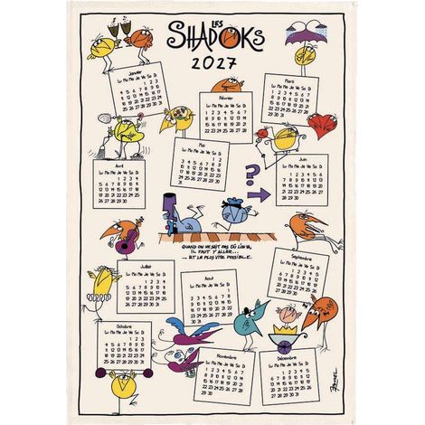 Torchon Calendrier 2027 Les Shadoks Essuie-Vaisselle de Cuisine 100% Coton Écru 48 x 72 cm - PANGIVO