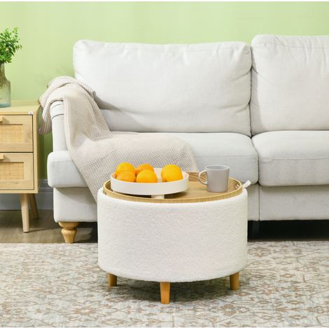 Pouf contenitore rotondo Ø56 x 42 cm con coperchio ribaltabile, piedi in legno, bianco DESVIAE (1/5)