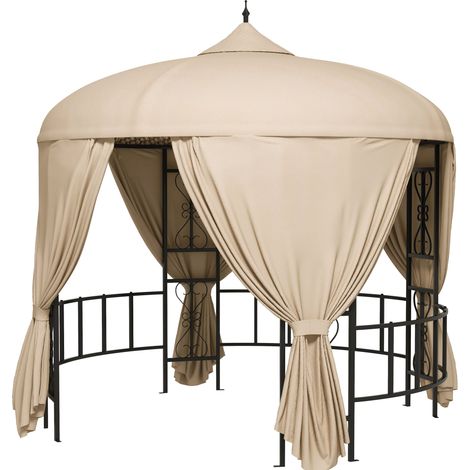 Gazebo da Giardino Rotondo Ø3m con Tende e Prese d'Aria in Metallo e Poliestere Beige