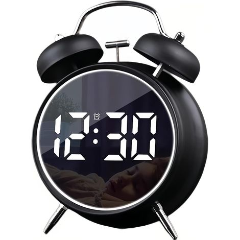 Réveil numérique LED à double cloche avec grands chiffres - Calendrier et affichage de la température - Rechargeable par USB - Fonctionne avec piles - Réveil fort pour les personnes dormant (1/5)