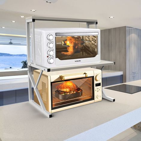 Support de four à micro-ondes, 2 niveaux multifonctionnel, organiseur de fours à micro-ondes, étagère de cuisine, blanc (1/5)