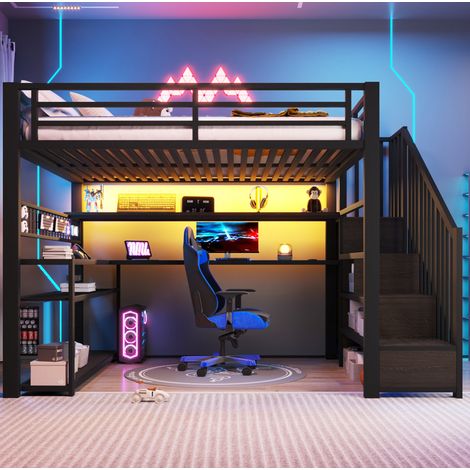 Lit mezzanine 140x200 cm en métal avec LED RGB, bureau, dressing et rangements, métalMDF, noir (1/5)