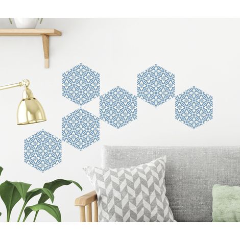 Sticker carrelage adhésif hexagonale 15x15 cm, 6 pièces, bleu et beige, motifs géométriques floraux chic décoratifs autocollants. (1/3)