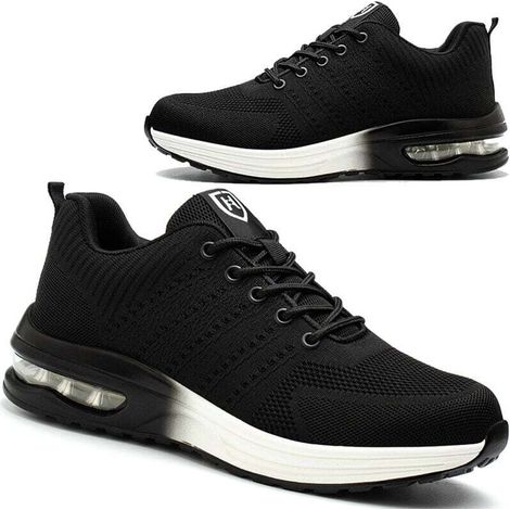 Safety Shoes, Men's and Women's Lightweight Safety Sneakers, Breathable and Comfortable Work Shoes with Steel Toe Cap, Black and White, Size 42 (1/4)