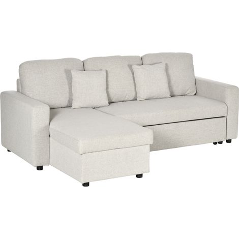 HOMCOM Divano Letto ad Angolo con Vano Contenitore e Cuscini in Tessuto Crema