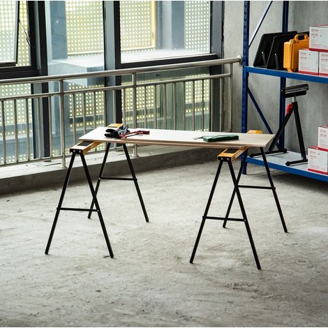 Lot de 2 tréteaux de sciage pliables antidérapants en métal orange, supports robustes pour découpe du bois, avec poignées latérales et charge 125 kg - CHICFURN (1/5)