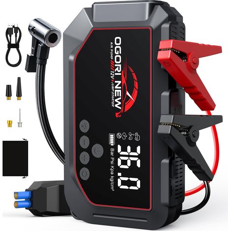 Booster Batterie Voiture avec Compresseur,8000A Démarreur Batterie,12V Démarreur Voiture avec 150PSI Gonfleur de Pneus,Jump Starter avec Powerbank et Chargeur USB (Essence 10L et Diesel 8L) (1/5)