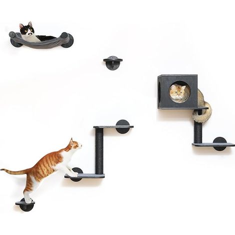 Mensole da parete per gatti, struttura arrampicabile in legno con amaca, cuccia, gradini e tiragraffi, nero
