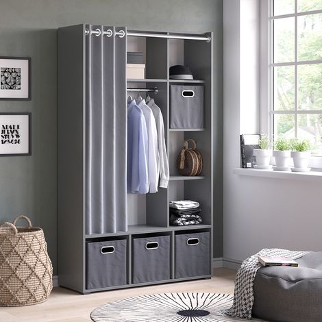 Armadio multifunzione Luigi, Grigio, 105.8 x 178.1 cm con appendiabiti a tenda, Vicco