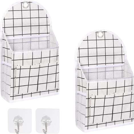 Sac de rangement mural suspendu, pliable en lin imperméable, organiseur à poches et crochets transparents pour porte (Blanc) (1/5)