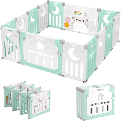 Recinto per bambini 12+2 pannelli, cancelletto di sicurezza, griglia protettiva in plastica ecologica, 150x150x62 cm - Verde (1/5)