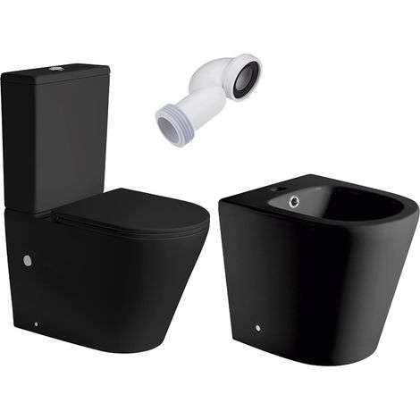 Combo Inodoro Redondo  Negro Mate  Fondo Reducido con Cisterna  Tapa con Caída Amortiguada + Bidet a Suelo (1/4)