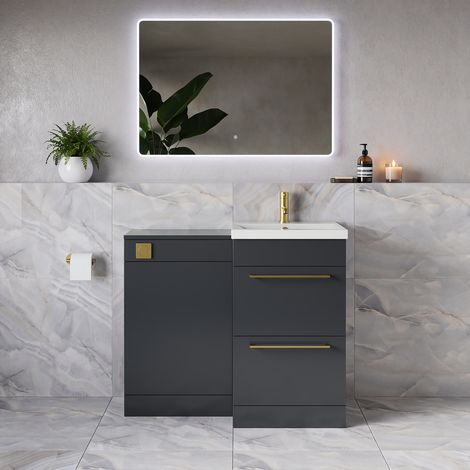 Napoli 390 Gloss Grey 1000mm 2 Drawer Vanity Unit Toilet Suite with Glide Basin - 1000mm - Brushed Brass 320mm HandleWithout Kingston Toilet Pan