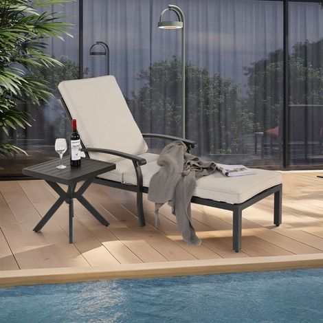 Chaise longue de patio avec coussin en coton, fauteuil inclinable réglable, mobilier de piscine en aluminium résistant à la rouille, coussin beige imperméable (1 pièce) (1/5)