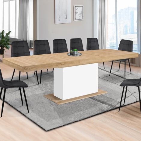 Mesa de comedor rectangular extensible EDEN 8-12 personas madera y blanco 200-250 cm
