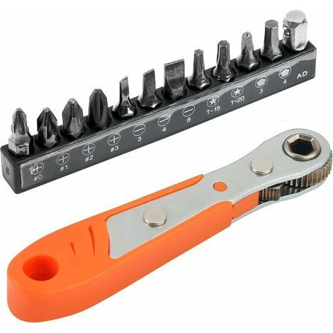 Cliquet Tournevis set 110 Mm, mini Clés à Cliquet 1/4 "et Embouts de Tournevis 12 Modèle avec entraînement 1/4 pouce à couple élevé Mini Tournevis Décalé Réversible à Cliquet—-Vie(13 PCS ) (1/5)